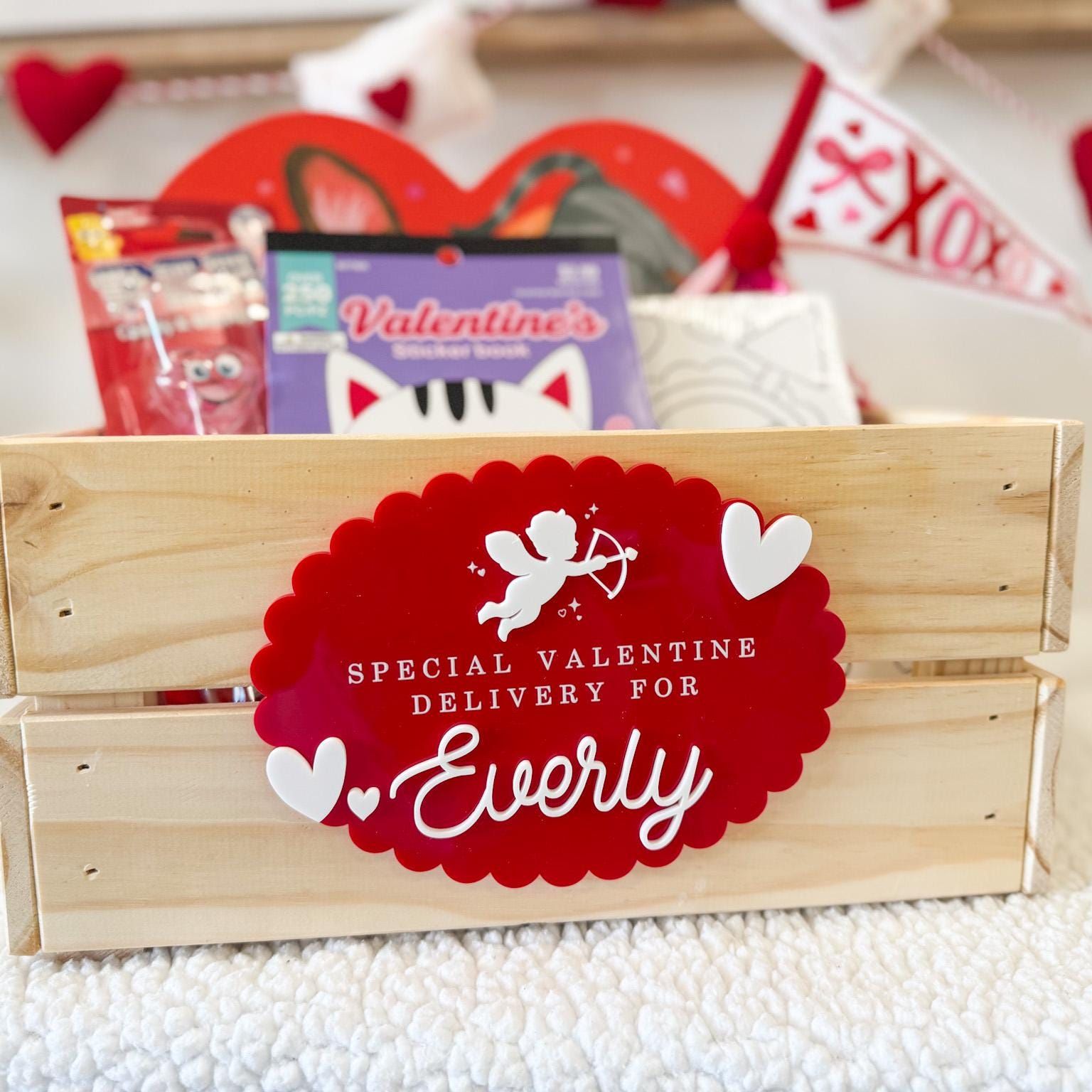 Valentine Delivery Box, Personalized Kids Valentine's Day Box, Custom Holiday Crate with Name Plaque, Special Delivery Wooden Valentine Gift