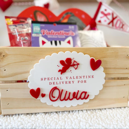 Valentine Delivery Box, Personalized Kids Valentine's Day Box, Custom Holiday Crate with Name Plaque, Special Delivery Wooden Valentine Gift