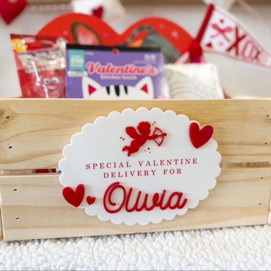 Valentine Delivery Box, Personalized Kids Valentine's Day Box, Custom Holiday Crate with Name Plaque, Special Delivery Wooden Valentine Gift