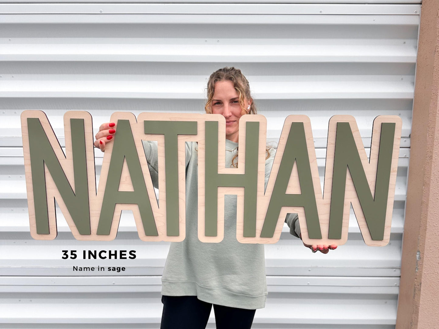 Wooden nursery sign. Baby name sign in 35" it also comes in 24", 30" and 40".  This sign is perfect to decorate baby's nursery.  The font in this kids room is in an serif font in color sage.