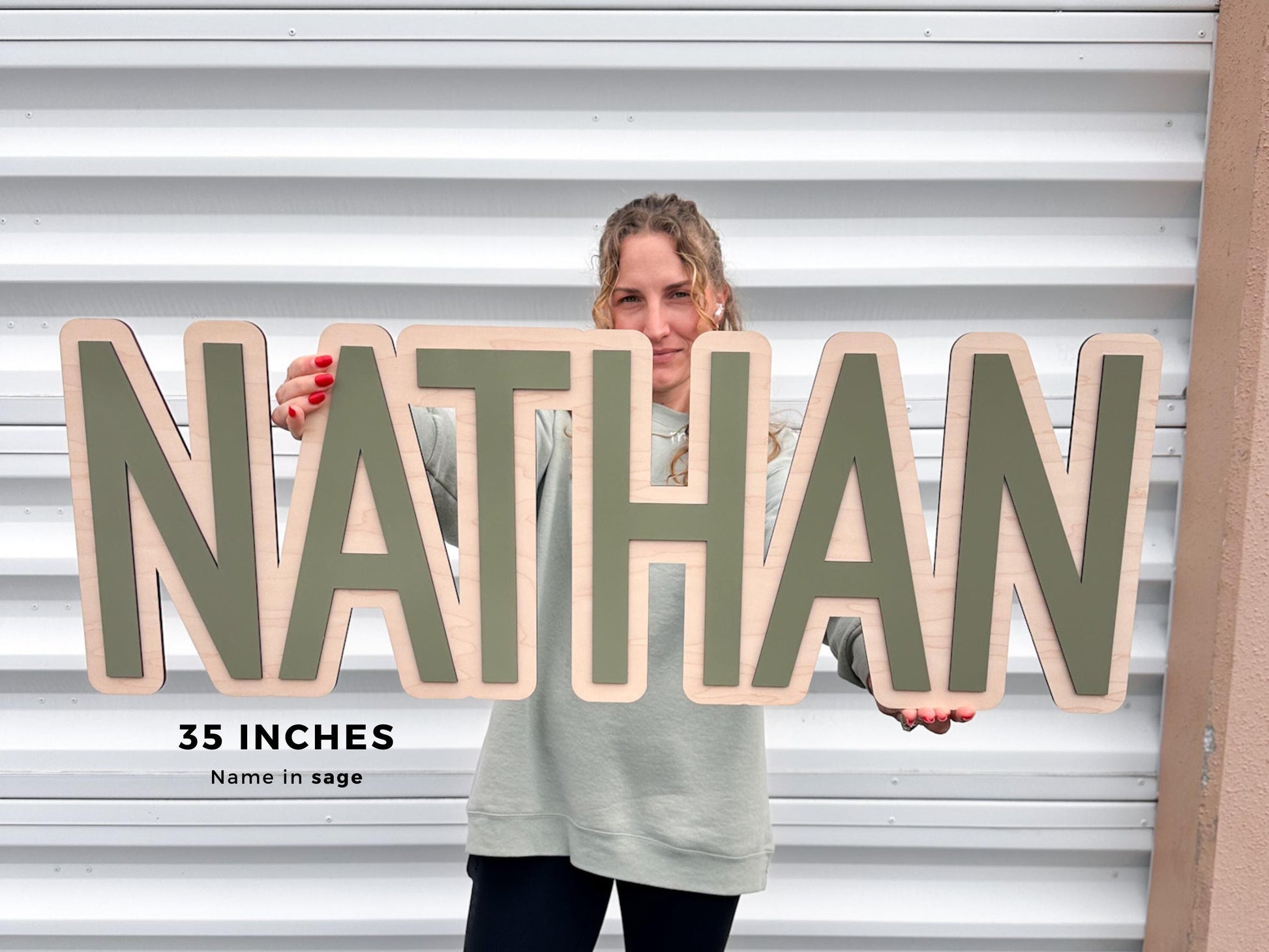Wooden nursery sign. Baby name sign in 35" it also comes in 24", 30" and 40".  This sign is perfect to decorate baby's nursery.  The font in this kids room is in an serif font in color sage.