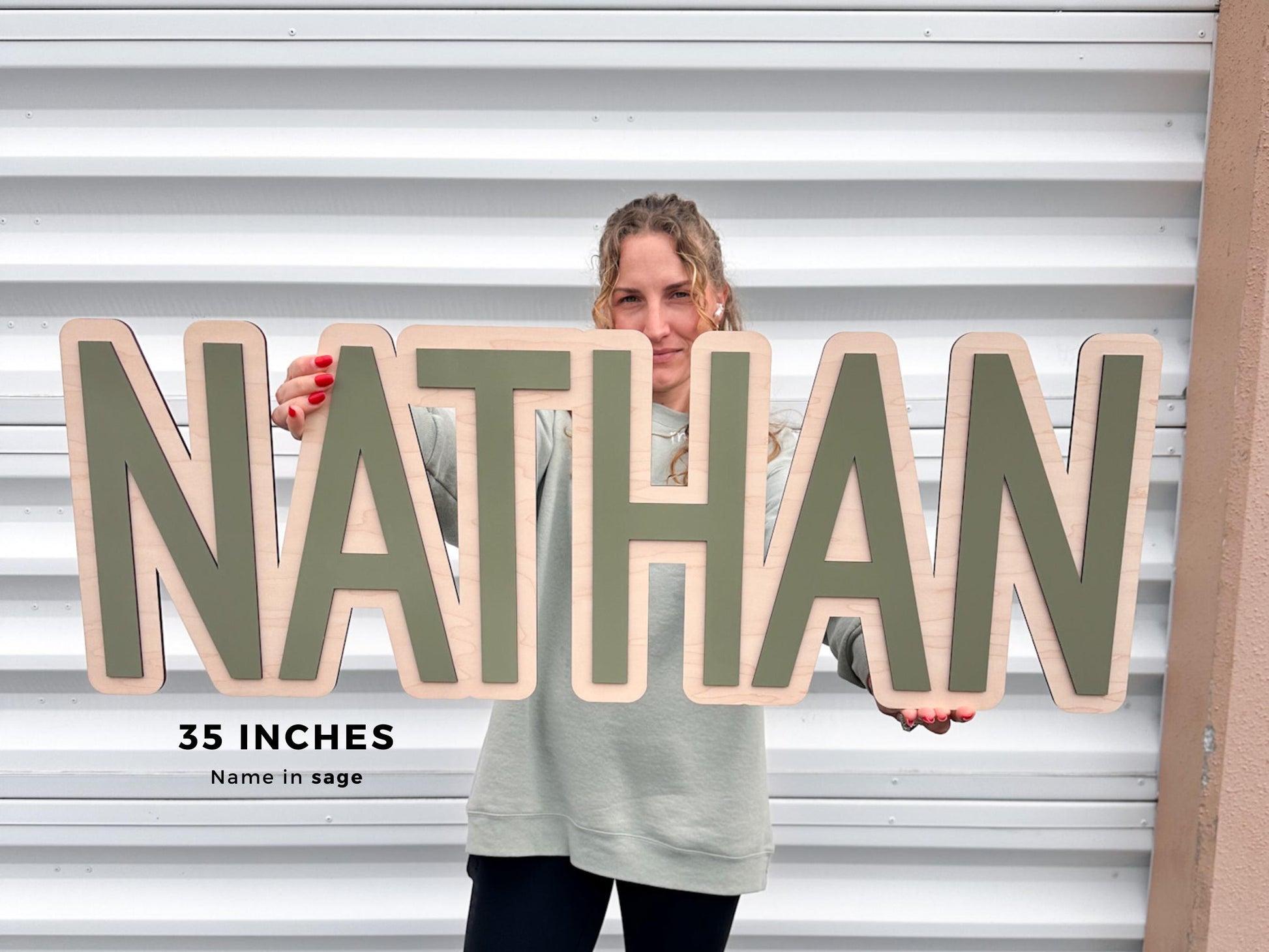 Wooden nursery sign. Baby name sign in 35" it also comes in 24", 30" and 40".  This sign is perfect to decorate baby's nursery.  The font in this kids room is in an serif font in color sage.