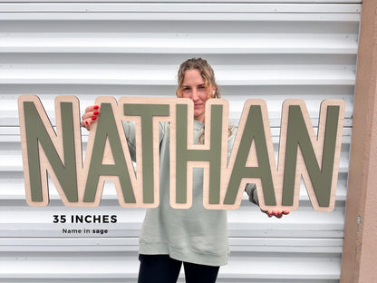Wooden nursery sign. Baby name sign in 35" it also comes in 24", 30" and 40".  This sign is perfect to decorate baby's nursery.  The font in this kids room is in an serif font in color sage.