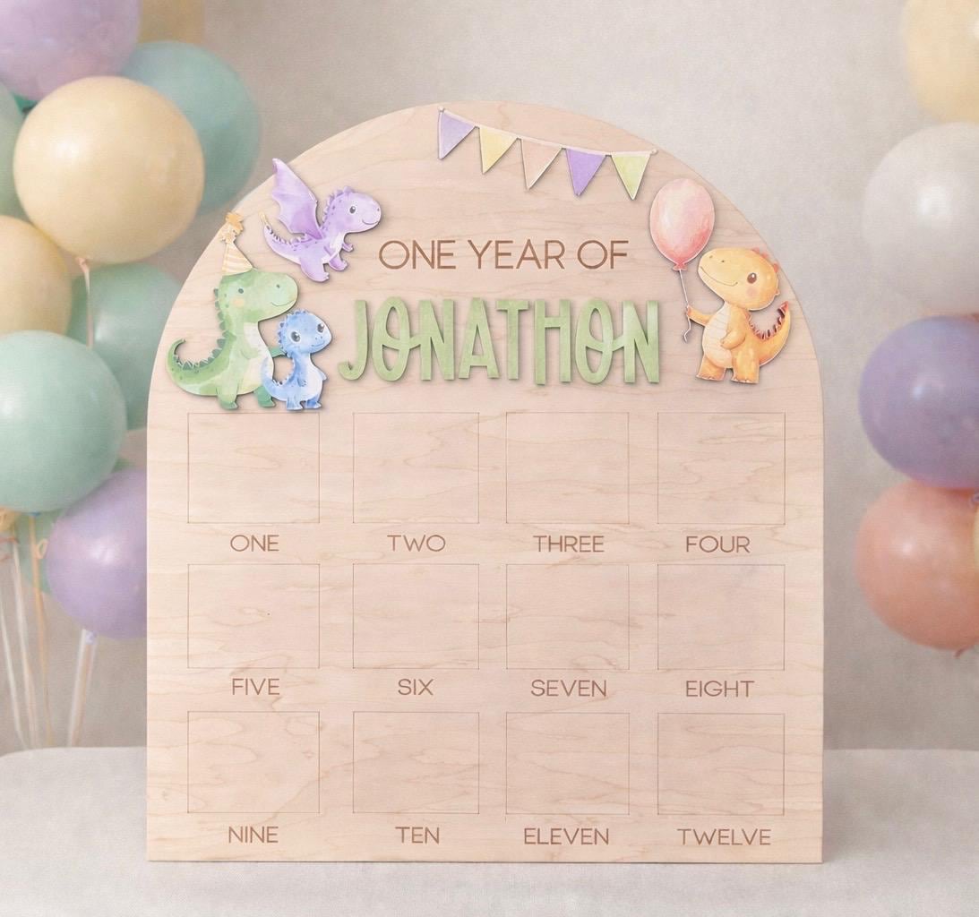 Dinosaur First Birthday Photo Board, One Year Photo Board, Dino Birthday Decor, 12 month baby photo display, 1st Birthday Dinosaur Party