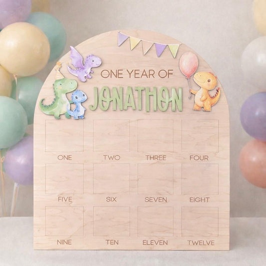 Dinosaur First Birthday Photo Board, One Year Photo Board, Dino Birthday Decor, 12 month baby photo display, 1st Birthday Dinosaur Party