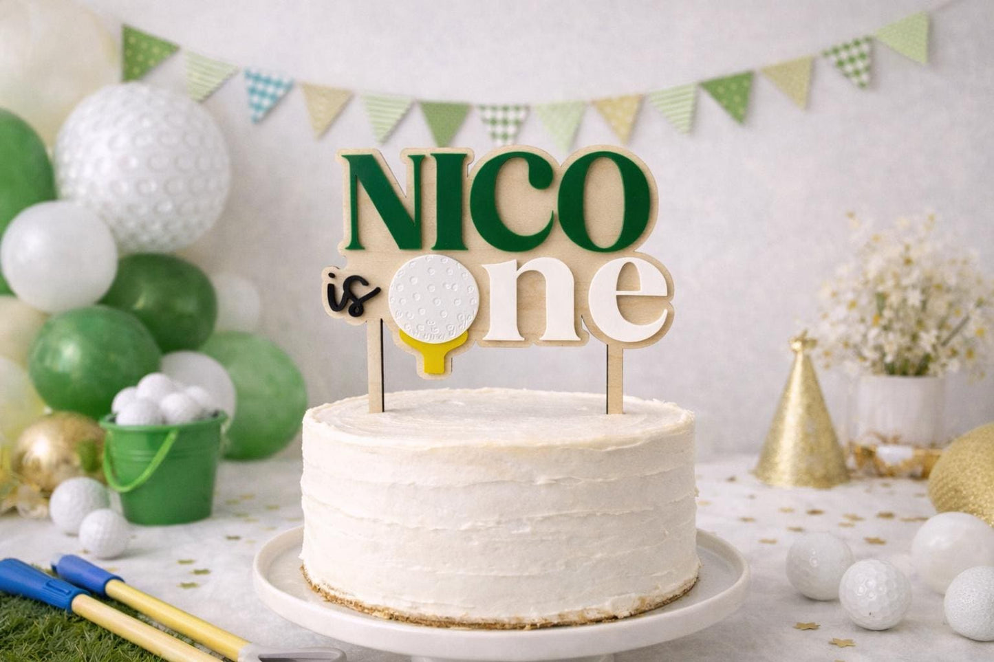 Golf First Birthday Cake Topper, Hole in One 1st Birthday, Personalized Name Golf Cake Topper, One Year Old Birthday Decor