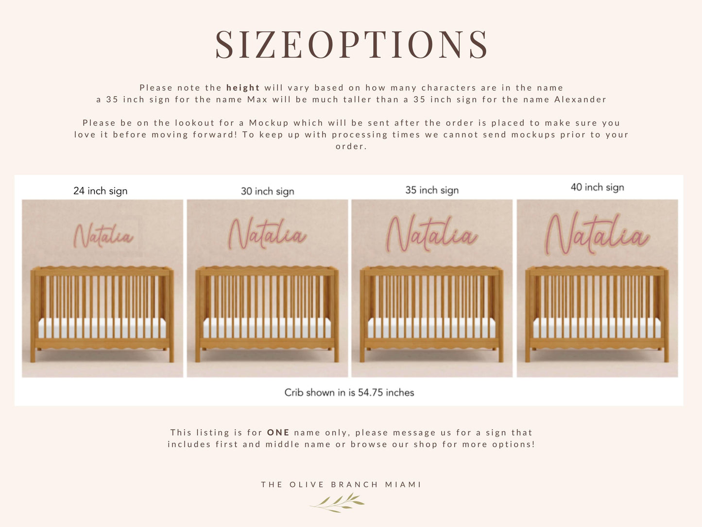 Nursery sign size options for a custom name sign. The sign is displayed in four sizes: 24, 30, 35, and 40 inches. Each size shows the name "Natalia" in a script font above a wooden crib. The text at the top explains the height varies based on the number of characters.