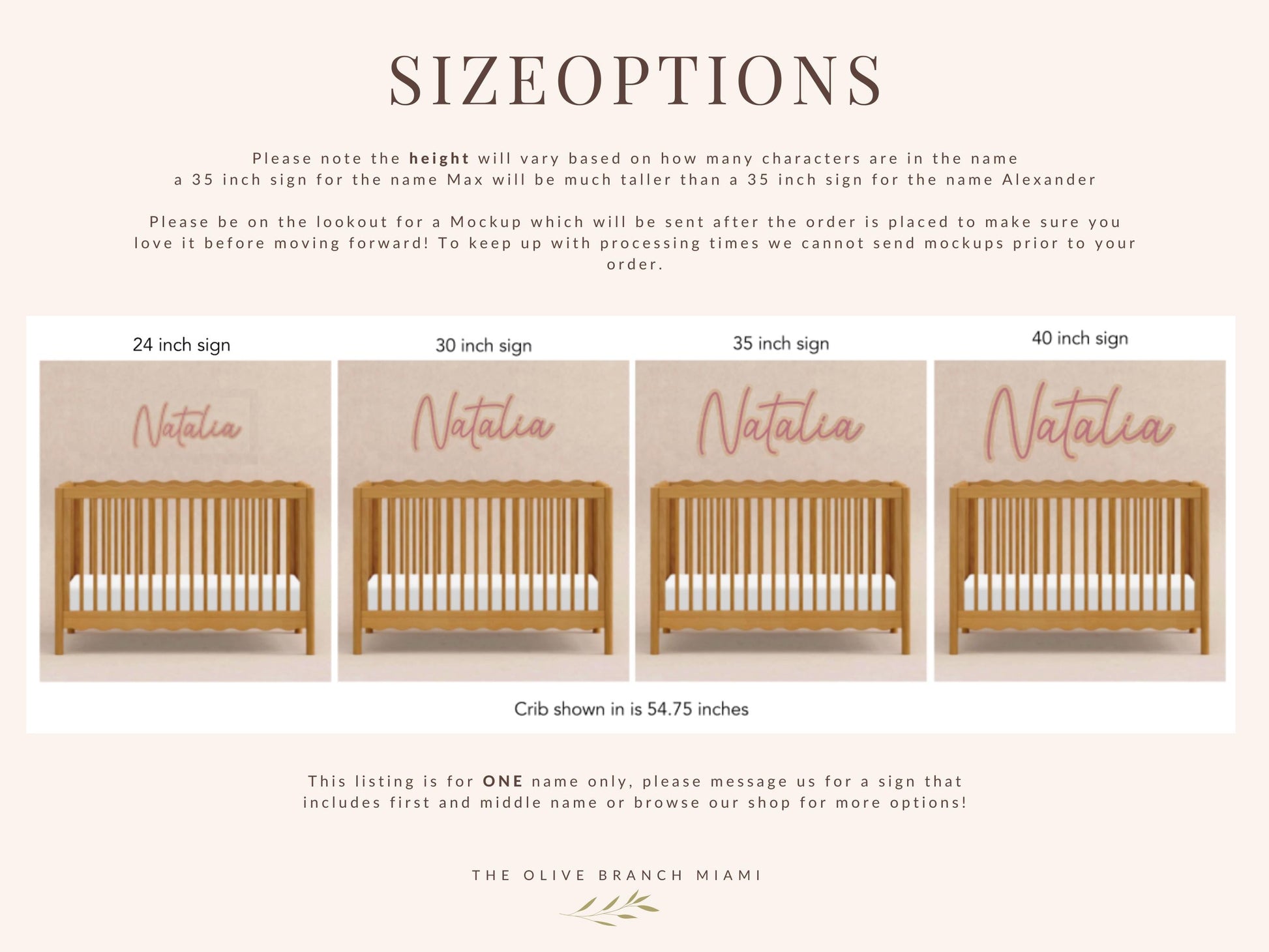 Nursery sign size options for a custom name sign. The sign is displayed in four sizes: 24, 30, 35, and 40 inches. Each size shows the name "Natalia" in a script font above a wooden crib. The text at the top explains the height varies based on the number of characters.