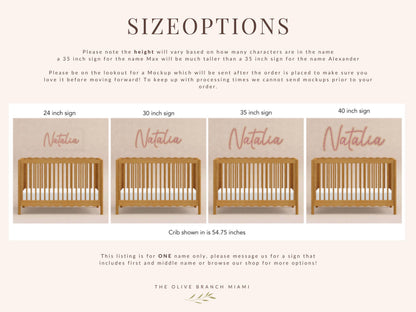 Nursery sign size options for a custom name sign. The sign is displayed in four sizes: 24, 30, 35, and 40 inches. Each size shows the name "Natalia" in a script font above a wooden crib. The text at the top explains the height varies based on the number of characters.