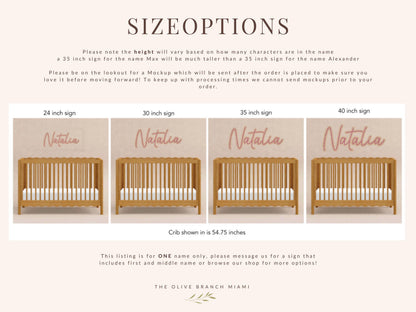 Nursery sign size options for a custom name sign. The sign is displayed in four sizes: 24, 30, 35, and 40 inches. Each size shows the name "Natalia" in a script font above a wooden crib. The text at the top explains the height varies based on the number of characters.