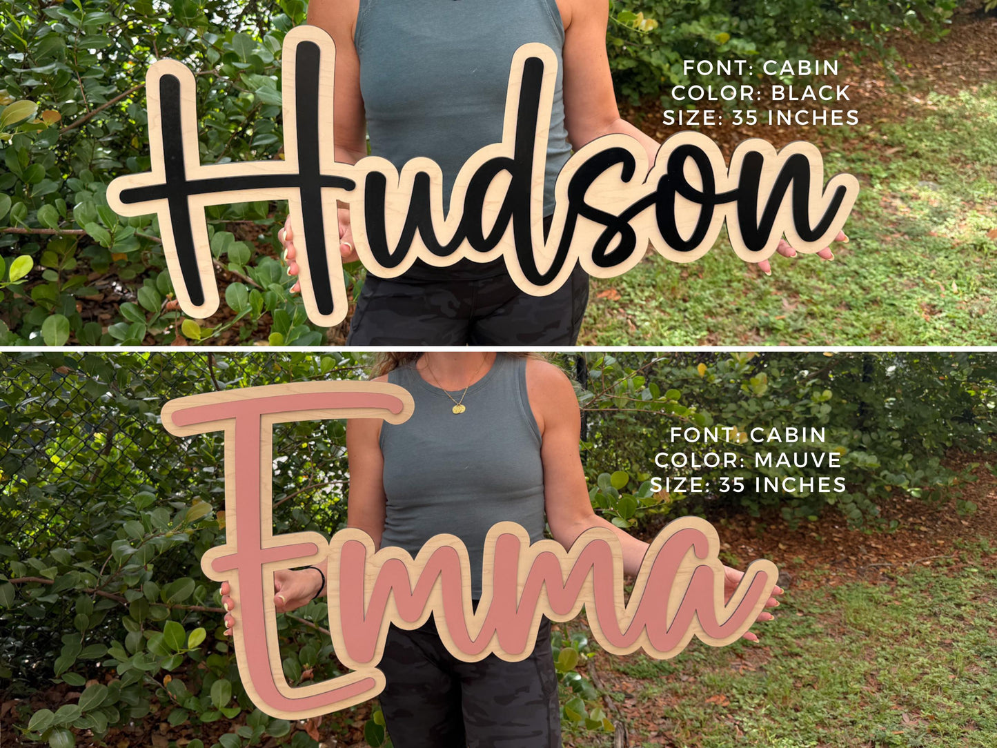Custom Wooden name signs for nursery in the "Cabin" font, one with black lettering and the other with mauve lettering. Each sign is 35 inches in size. The names "Hudson" and "Emma" are displayed.