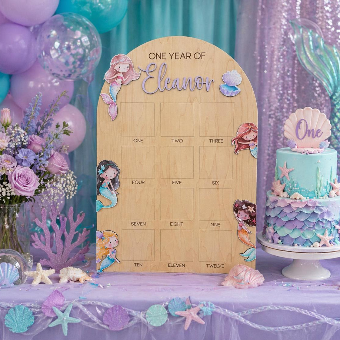 Mermaid First Birthday Photo Board, Oneder the Sea Birthday Decor, One Year Of Milestone Board, Mermaid Birthday Sign, Monthly Photo Display
