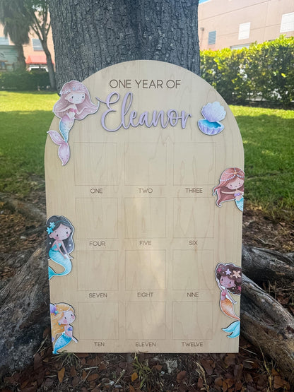 Mermaid First Birthday Photo Board, Oneder the Sea Birthday Decor, One Year Of Milestone Board, Mermaid Birthday Sign, Monthly Photo Display
