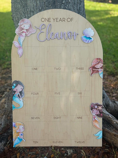 Mermaid First Birthday Photo Board, Oneder the Sea Birthday Decor, One Year Of Milestone Board, Mermaid Birthday Sign, Monthly Photo Display
