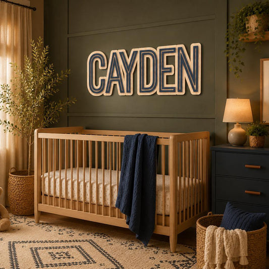 Modern personalized wooden name sign displayed above a crib in a luxury nursery with dark green accent wall, warm wood furniture, and custom layered lettering.