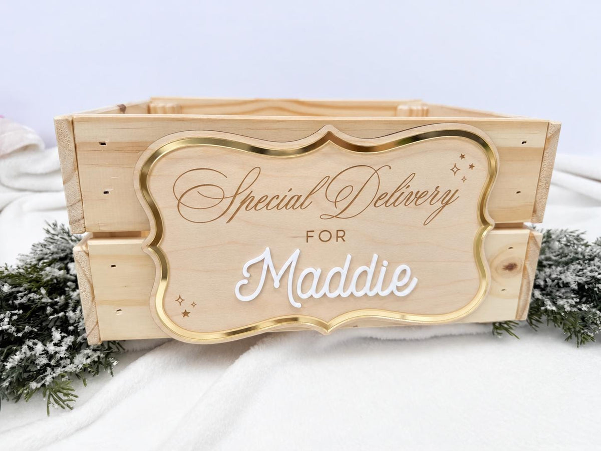 Christmas Eve Box – Personalized Holiday Crate with Name Plaque, Special Delivery Wooden Christmas Box for Kids, Santa Gift Box