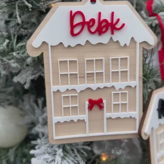 Last Name Ornament, Wooden Gingerbread House Family Ornament, Our First House Christmas Tag, 2024 Family Ornament, Snowy House Stocking Tag