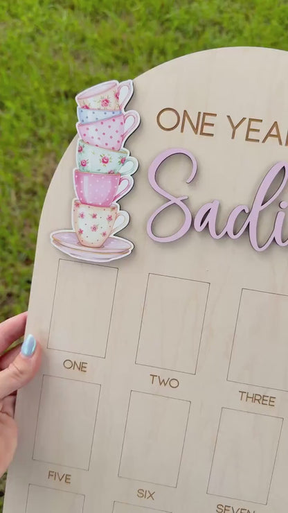 Tea Party First Birthday Milestone Board, One Year of Photo Board, Tea Party Theme Birthday Decor, One Year of Baby Girl Keepsake