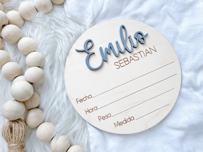 Spanish Baby Name Announcement Sign, 3D Hospital Name Wood Sign, Birth Stats Announcement Sign, Newborn Photo Prop, Engraved Baby Name Sign