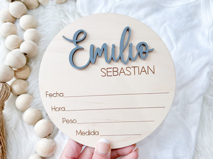 Spanish Baby Name Announcement Sign, 3D Hospital Name Wood Sign, Birth Stats Announcement Sign, Newborn Photo Prop, Engraved Baby Name Sign