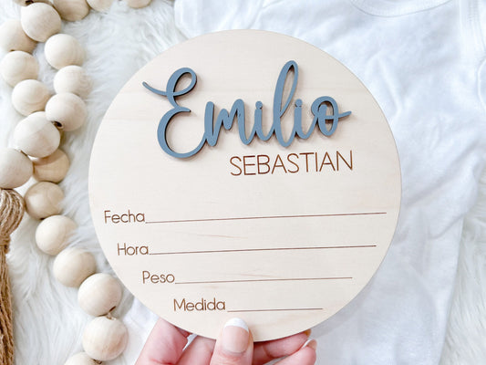 Spanish Baby Name Announcement Sign, 3D Hospital Name Wood Sign, Birth Stats Announcement Sign, Newborn Photo Prop, Engraved Baby Name Sign
